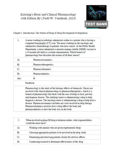 Katzung's Basic and Clinical Pharmacology 16th Edition Test Bank