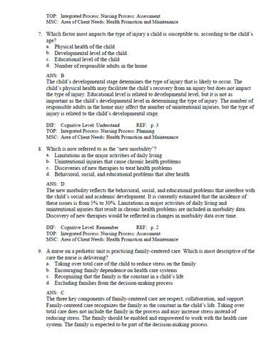 Wong's Essentials of Pediatric Nursing 10th Edition TEST BANK
