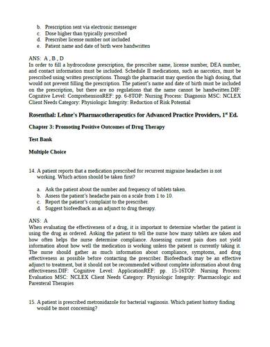 Lehnes Pharmacotherapeutics for Advanced Practice Providers Rosenthal Test Bank
