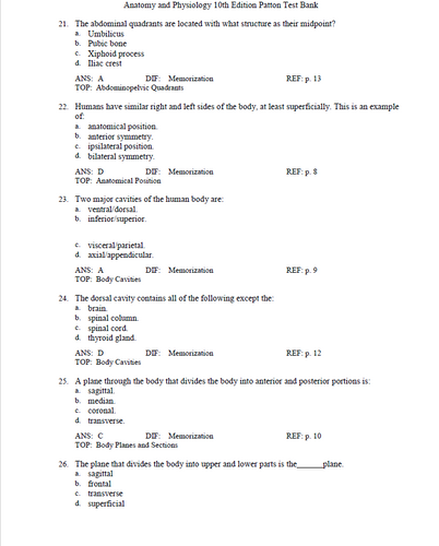 Anatomy and Physiology 10th Edition Patton TEST BANK