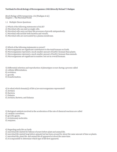 Brock Biology of Microorganisms 15th Edition TEST BANK