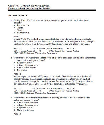 Critical Care Nursing Diagnosis and Management 8th Edition Urden TEST BANK