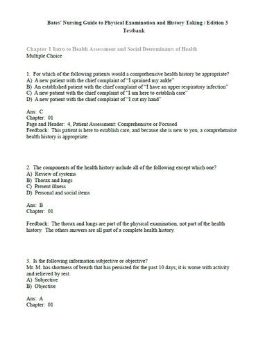 Bates' Nursing Guide to Physical Examination and History Taking 3e TEST BANK