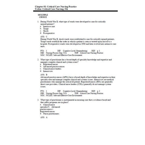 Critical Care Nursing-Diagnosis and Management 9th Edition Urden TEST BANK