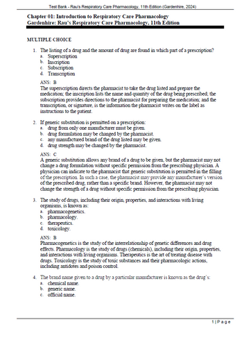 Raus Respiratory Care Pharmacology 11th Edition TEST BANK 9780323871556