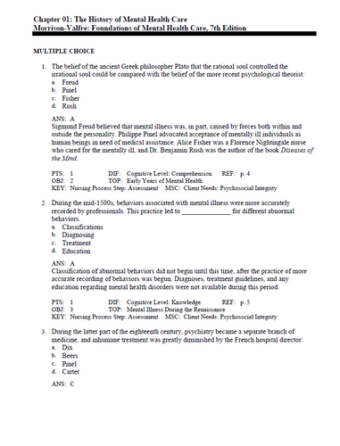 Foundations of Mental Health Care 7th Edition Morrison Test Bank