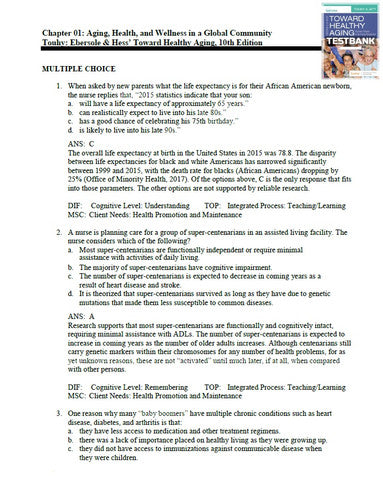 Ebersole & Hess' Toward Healthy Aging 10th Edition Touhy Test Bank