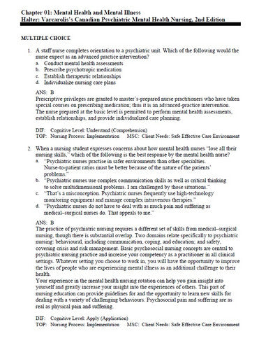 Varcarolis Canadian Psychiatric Mental Health Nursing 2nd Edition Test Bank