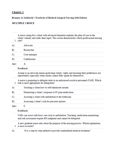 Brunner & Suddarth's Textbook of Medical-Surgical Nursing 16th Edition TEST BANK