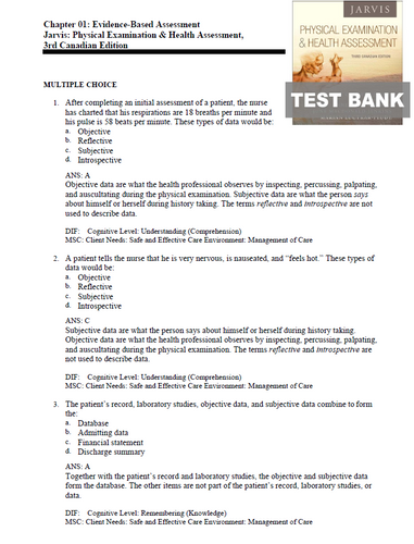 Physical Examination and Health Assessment 3rd Canadian Edition JARVIS Test Bank