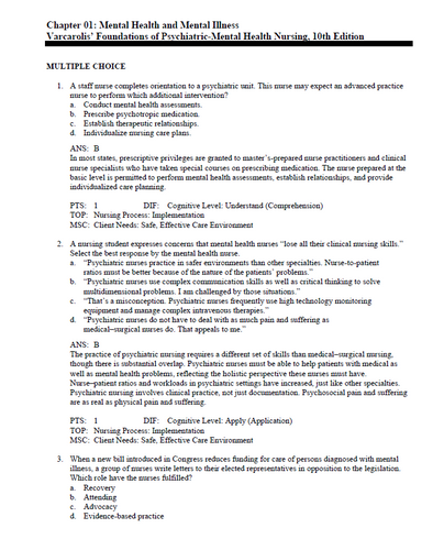 Varcarolis Foundations of Psychiatric Mental Health Nursing 10thEdition TestBank