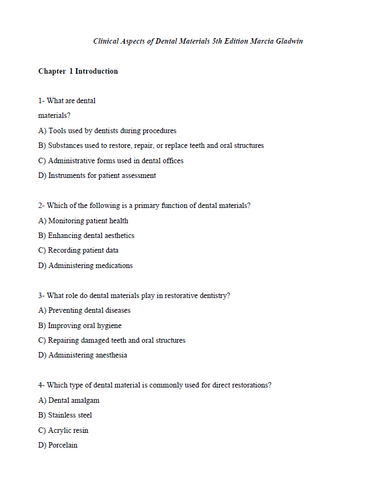 Clinical Aspects of Dental Materials 5th Edition Test Bank