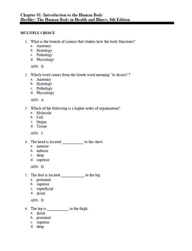The Human Body in Health and Illness 8th Edition Test Bank