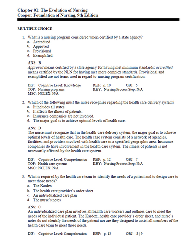 Foundations of Nursing 9th Edition Cooper TEST BANK