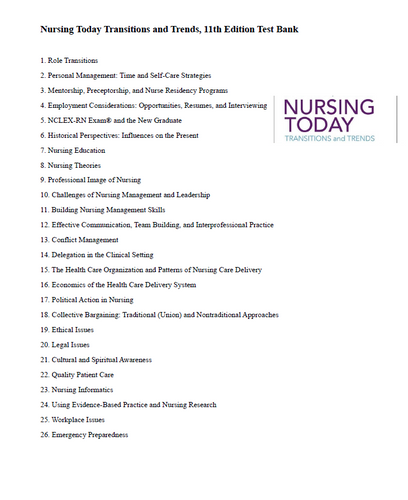 Nursing Today Transition and Trends 11th Edition TEST BANK