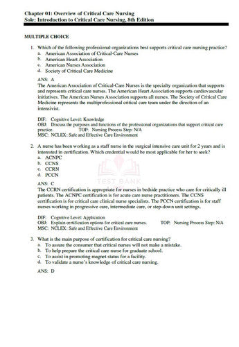 Introduction to Critical Care Nursing 8th Edition TEST BANK