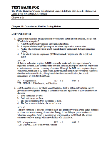 The Dental Hygienist's Guide to Nutritional Care 6th Edition Test Bank