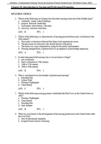 Fundamentals of Nursing 10th Edition Taylor - Test Bank