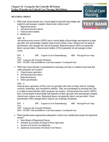 Priorities in Critical Care Nursing 8th Edition Urden TEST BANK