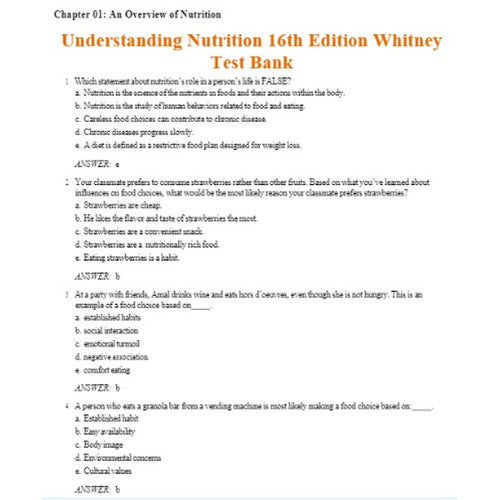 Understanding Nutrition 16th Edition Whitney Test Bank