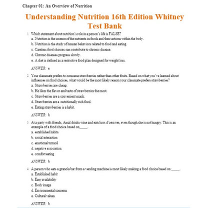 Understanding Nutrition 16th Edition Whitney Test Bank