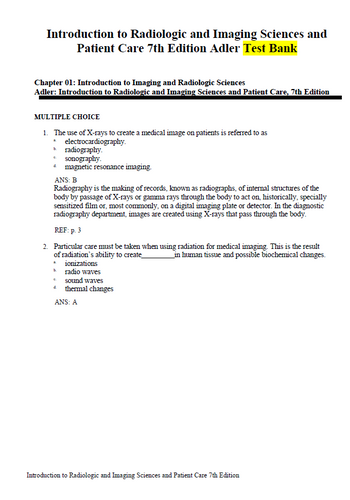 Introduction to Radiologic and Imaging Sciences and Patient Care 7e Test Bank