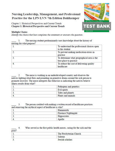 Nursing Leadership Management and Professional Practice for the LPN/LVN 7e TEST