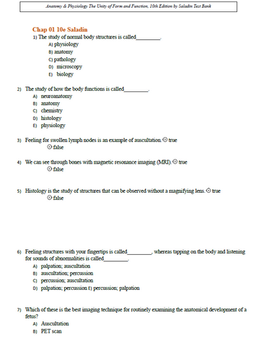 Anatomy & Physiology The Unity of Form and Function 10th Edition TEST BANK