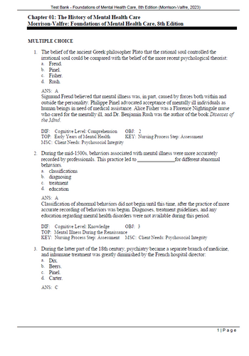 Foundations of Mental Health Care 8th Edition Morrison-Valfre TEST BANK
