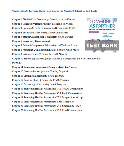 Community as Partner Theory and Practice in Nursing 8th Edition TEST BANK