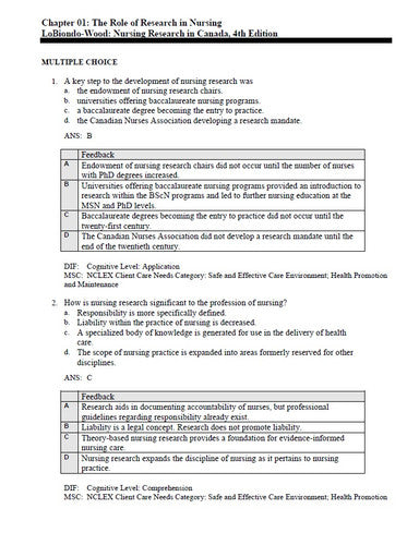 Nursing Research in Canada 4th Edition TEST BANK