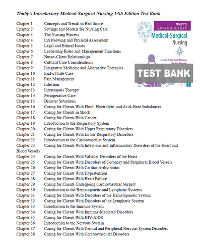 Timby's Introductory Medical Surgical Nursing 13th Edition TEST BANK