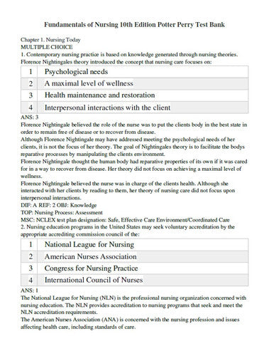 Fundamentals of Nursing 10th Edition Potter Perry TEST BANK
