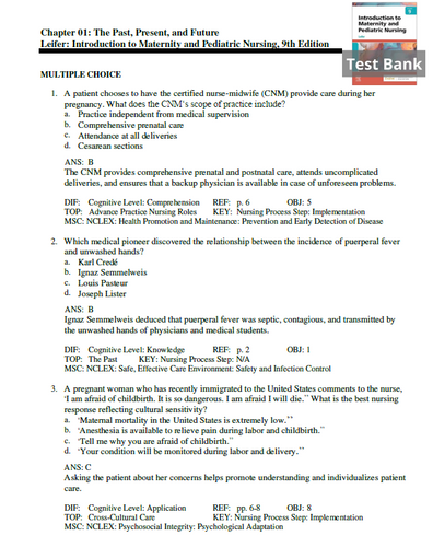 Introduction To Maternity and Pediatric Nursing 9th Edition Leifer TEST BANK