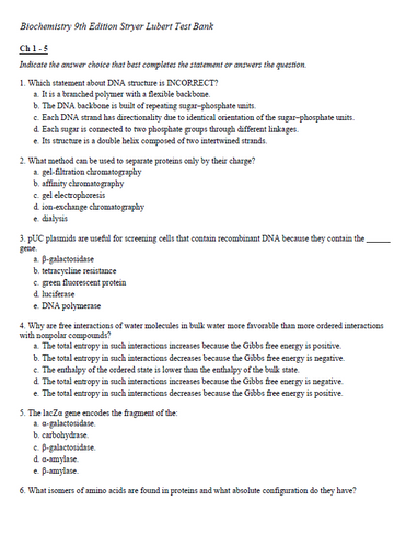 Biochemistry 9th Edition Stryer Lubert TEST BANK