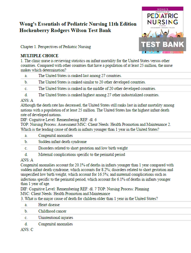 Wong's Essentials of Pediatric Nursing 11th Edition TEST BANK