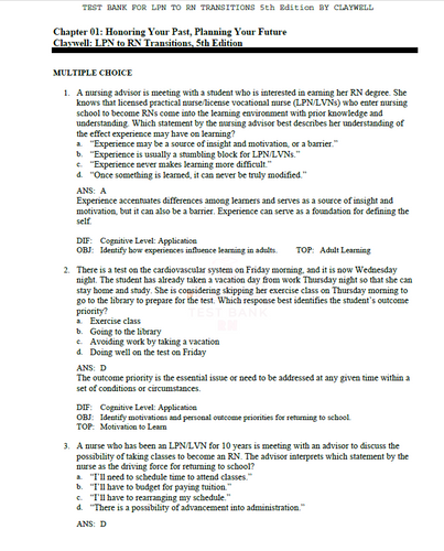 LPN to RN Transitions 5th Edition TEST BANK