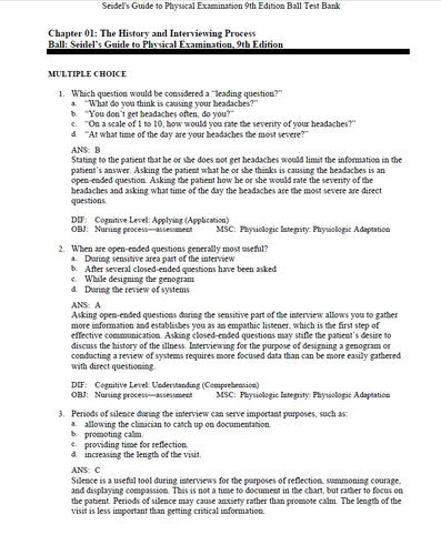 Seidel's Guide to Physical Examination 9th Edition TESTBANK