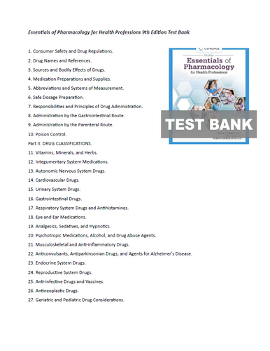 Essentials of Pharmacology for Health Professions 9th Edition Colbert Test Bank