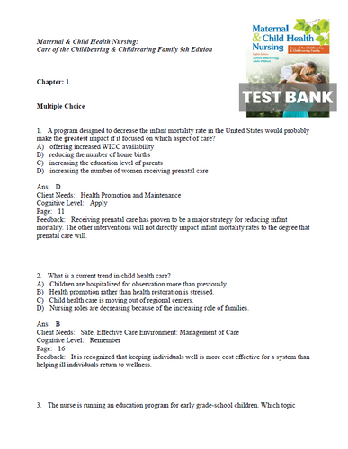 Maternal and Child Health Nursing 8th Edition Pillitteri Test Bank