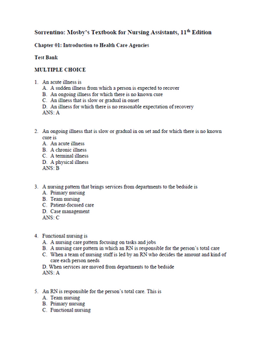 Mosbys Textbook for Nursing Assistants 11th Edition Sorrentino Test Bank