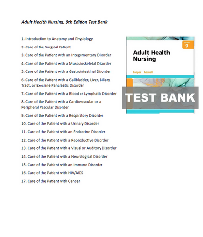 Adult Health Nursing 9th Edition Cooper TEST BANK