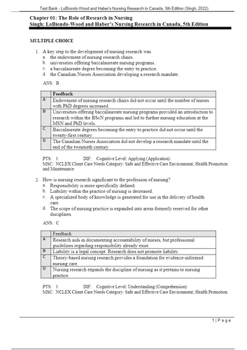 LoBiondo-Wood and Haber's Nursing Research in Canada 5th Edition TEST BANK