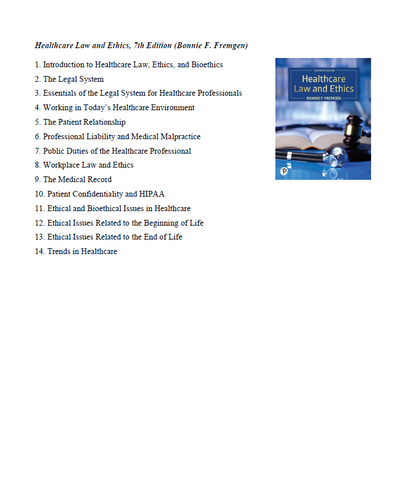 Healthcare Law and Ethics 7th Edition Fremgen Test Bank