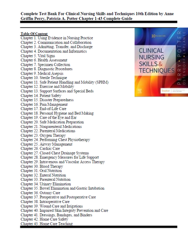 Clinical Nursing Skills and Techniques 10th Edition Perry Potter TEST BANK