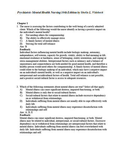 Psychiatric-Mental Health Nursing 10th Edition Videbeck Test Bank