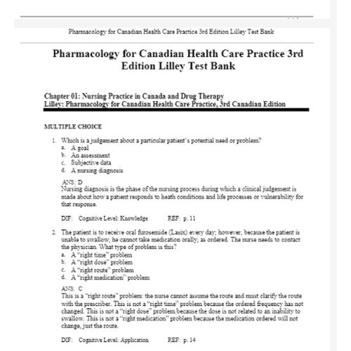 Pharmacology for Canadian Health Care Practice 3rd Edition TEST BANK