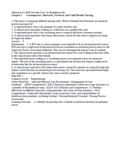 Maternal and Child Nursing Care 6th Edition London Test Bank