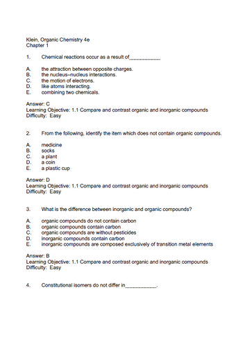 Organic Chemistry 4th Edition David Klein Test Bank