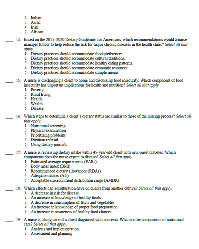 Lutz's Nutrition and Diet Therapy 8th Edition TEST BANK